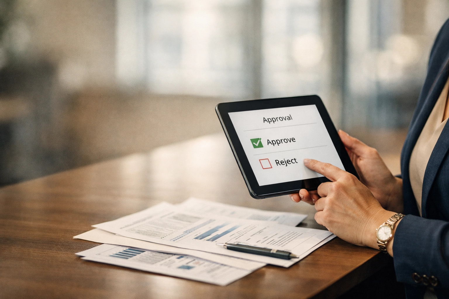 Professional reviewing approval workflow on tablet demonstrating AI automation with human oversight in CRE