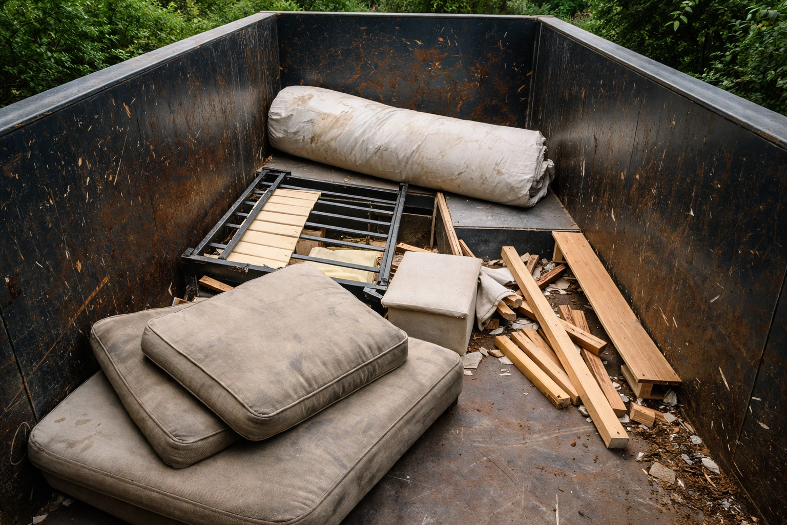 Inside view of a dumpster partially filled with old furniture in Tulsa, showing efficient furniture removal and cleanout progress.