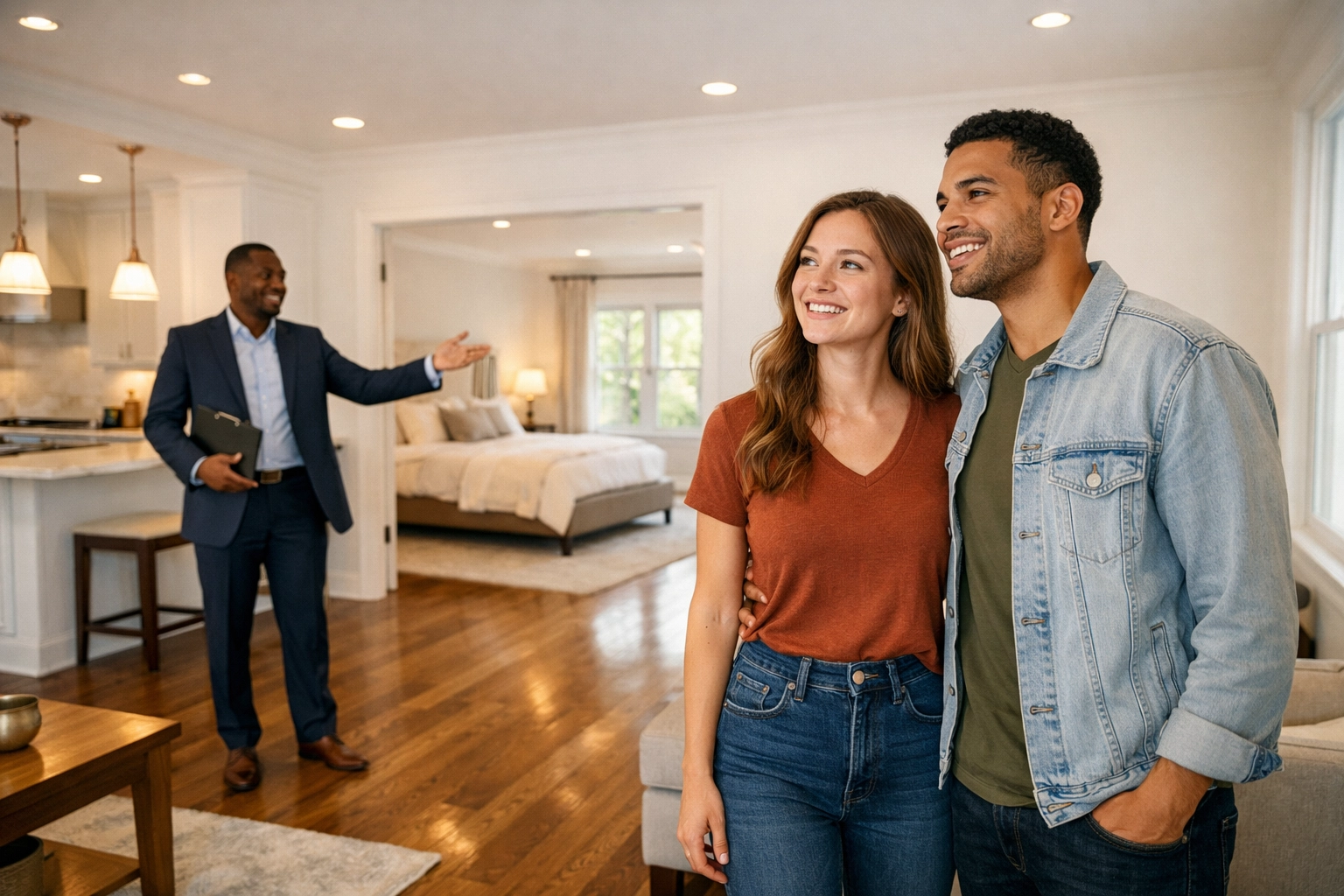 Realtor showing a modern home for sale in the NC Triad to a couple during an in-person tour.