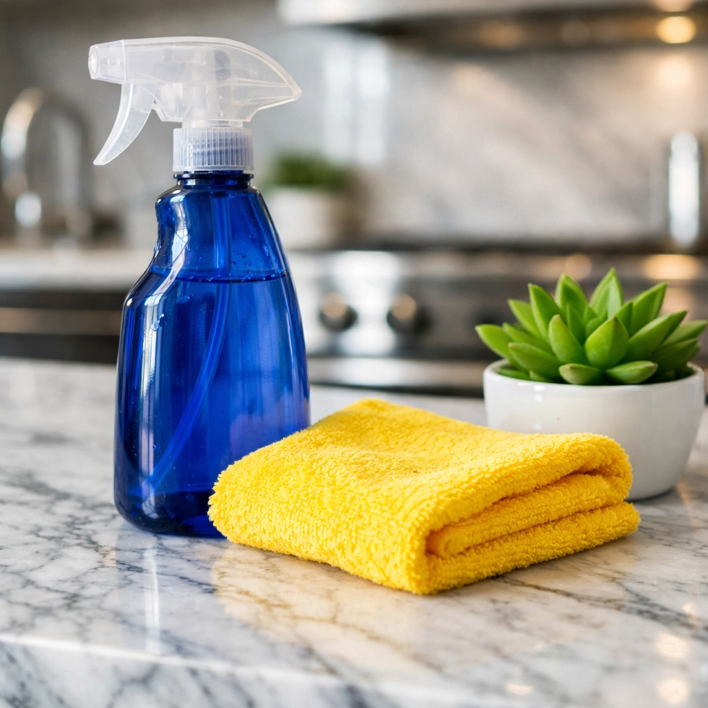 Eco-friendly house cleaning Newton MA supplies on a clean marble counter during a residential deep clean.