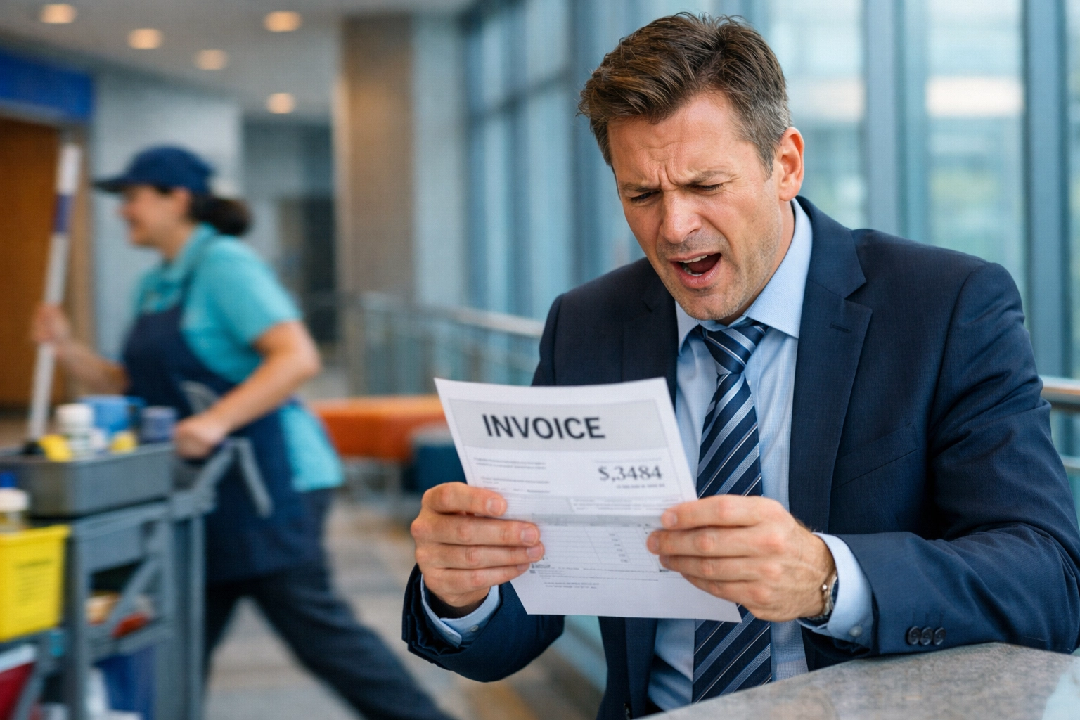 Business owner reviewing unexpected cleaning invoice showing hidden costs from cheap service