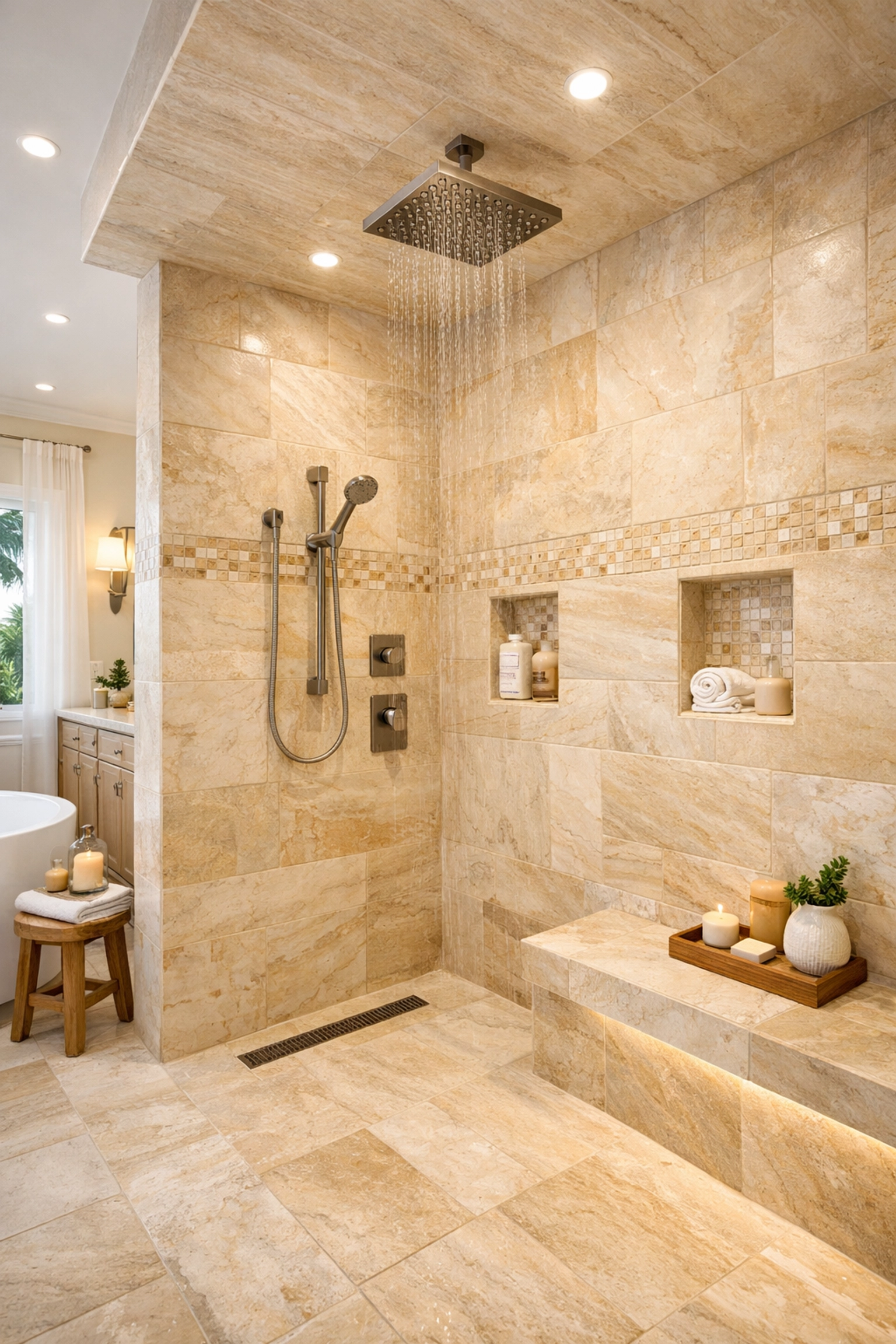 Spa-inspired bathroom tile installation Orlando with floor-to-ceiling porcelain in walk-in shower