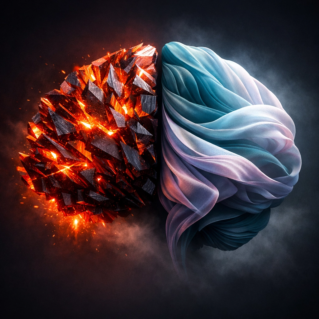 Brain silhouette illustrating the transition from hustle culture stress to a calm, regulated nervous system via JOMO.