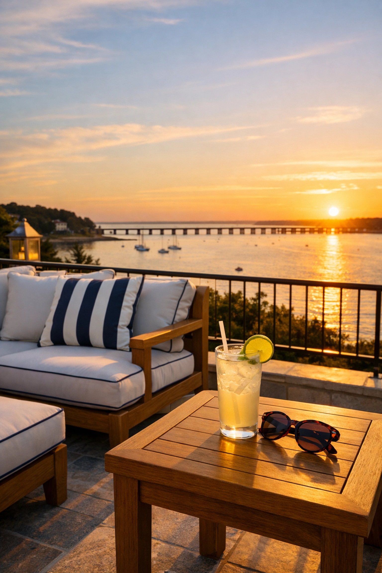 Spotless Duxbury terrace overlooking the bay, showing the lifestyle benefits of luxury house cleaning.