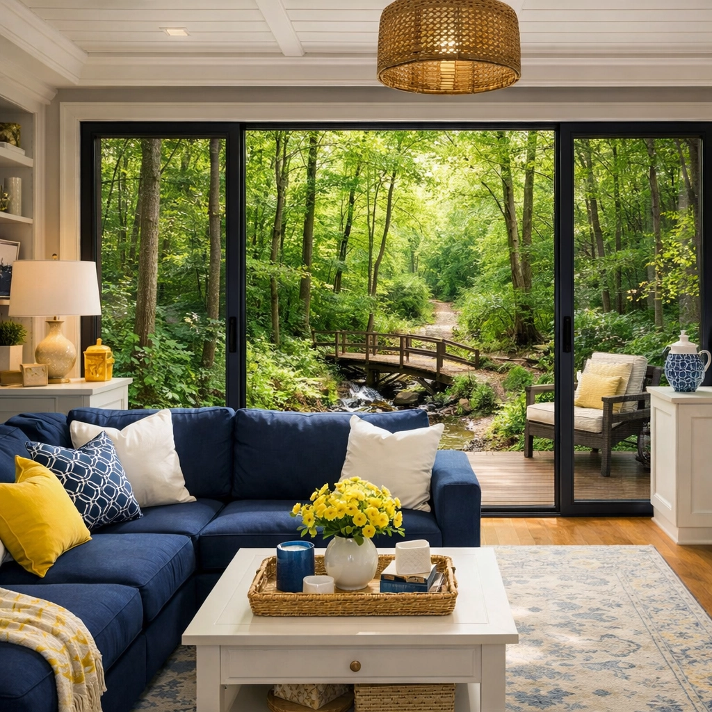 A tidy living room in Westborough overlooking nature after professional house cleaning service.