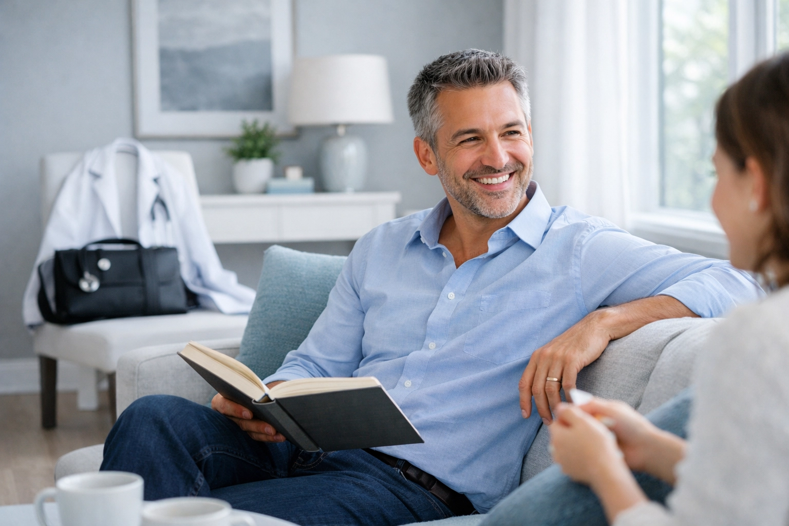 Doctor relaxing at home, showing time saved through clinical documentation improvement and AI automation.