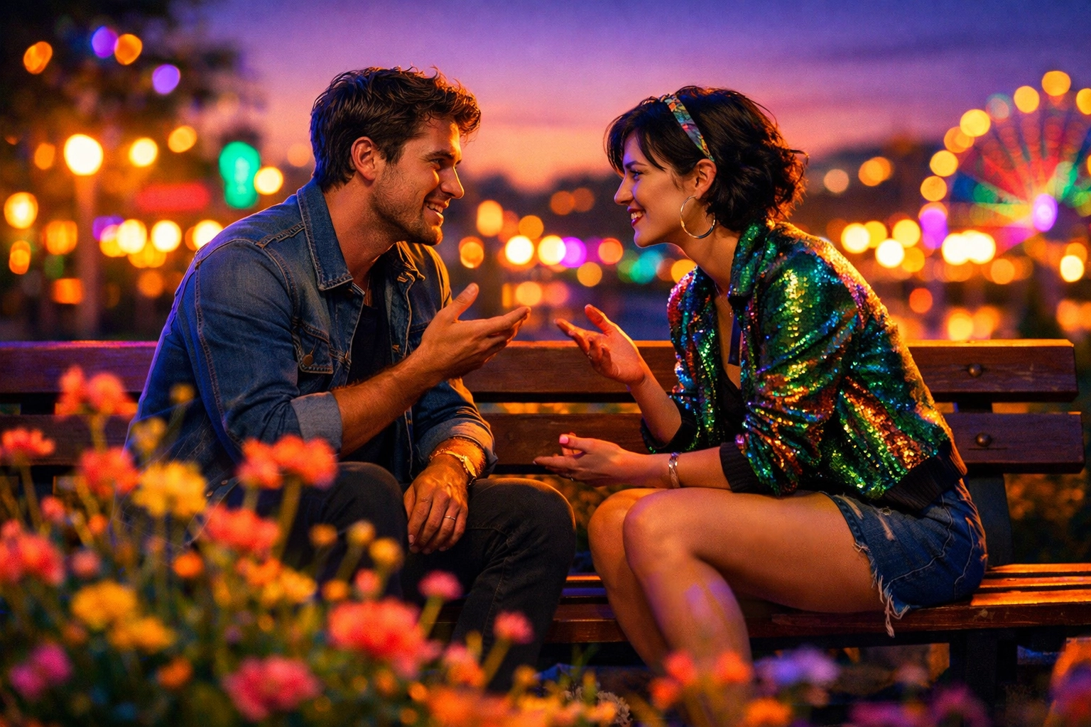 Couple having a deep, meaningful conversation on a park bench at sunset