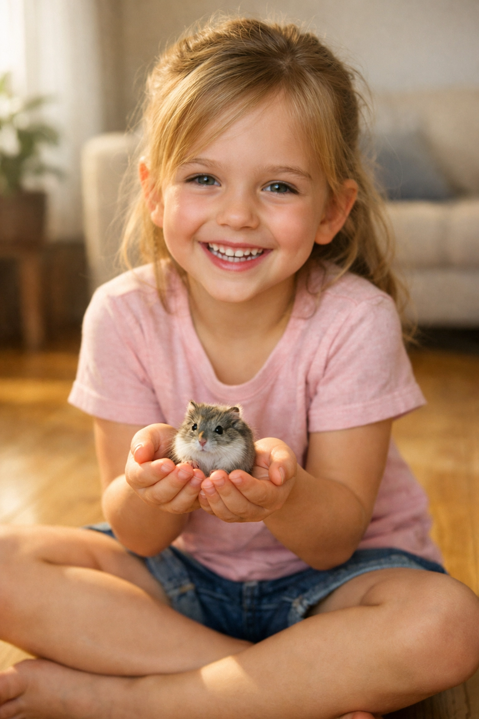 Young girl gently holding a small hamster, showing why they make great first pets for kids.