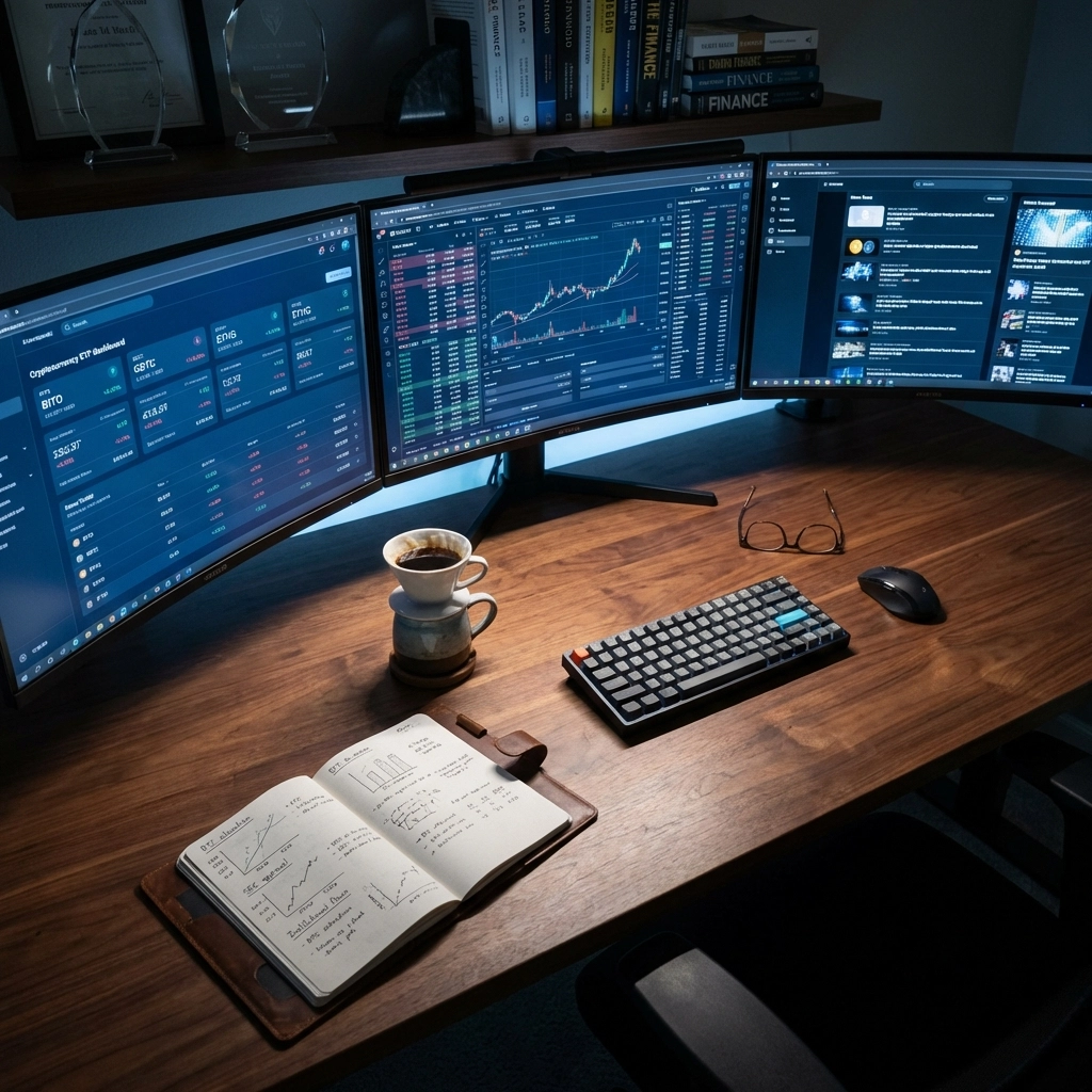 Fund manager’s desk with cryptocurrency ETF dashboards, capturing digital asset management in a professional portfolio setting