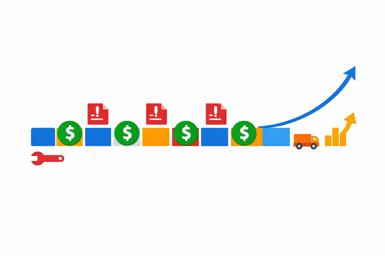 Minimal illustration of a cash-flow forecast timeline with paydays, bills, and a forward-looking trend line for a small trade business.