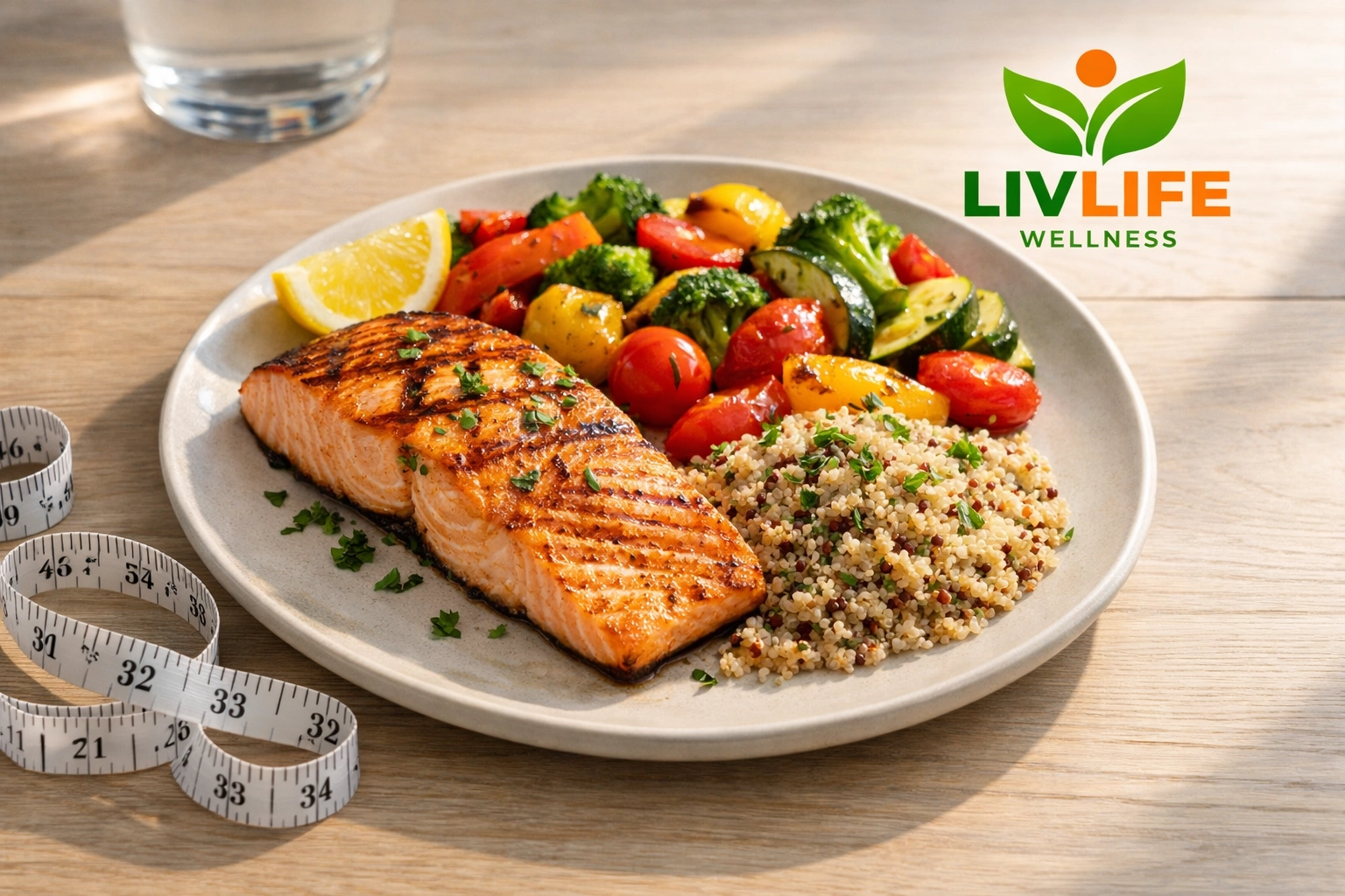 High-protein balanced meal with salmon and vegetables for GLP-1 weight loss success