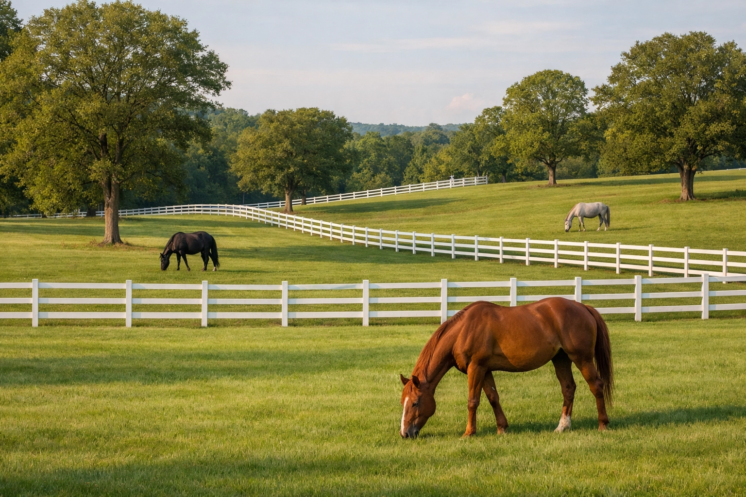 Horses grazing in well-maintained pasture with three-board fencing at North Carolina horse farm