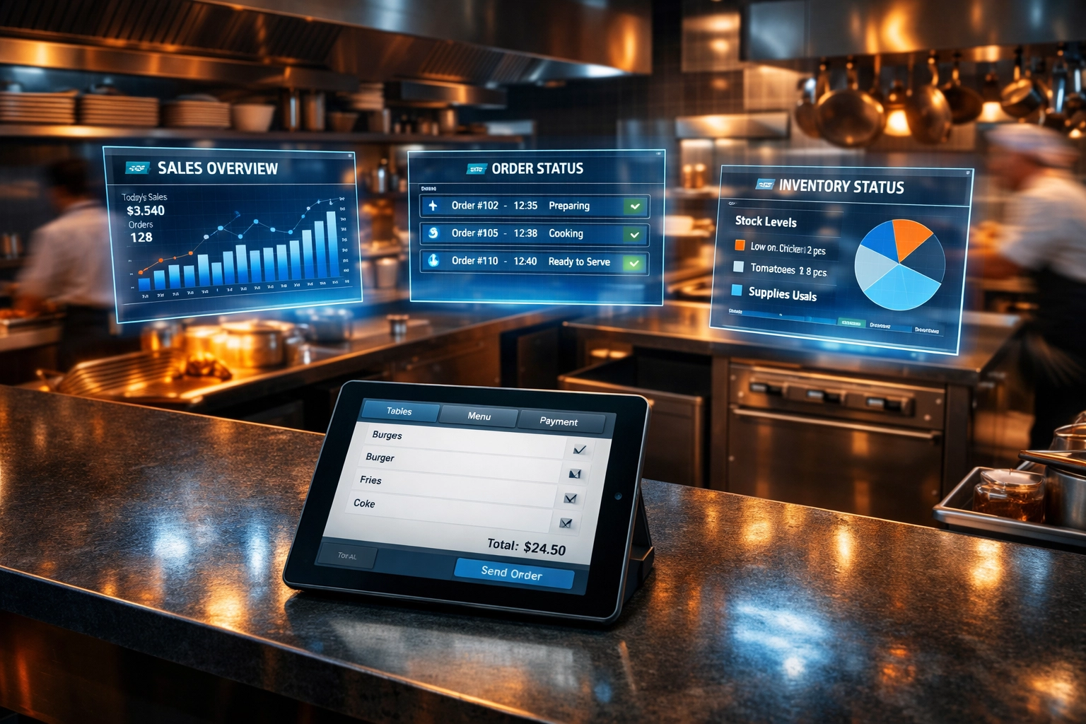Modern restaurant POS system with real-time data dashboards and inventory tracking technology