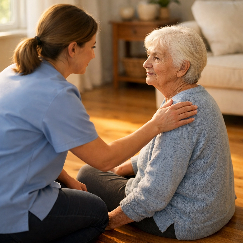 Caregiver assessing elderly person on floor after fall before attempting to help them up