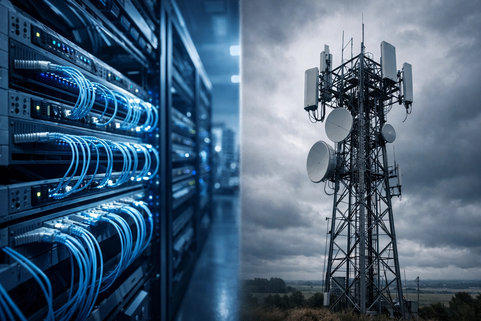 Fiber optic data center and rural wireless tower showing geographic coverage gaps in POTS replacement