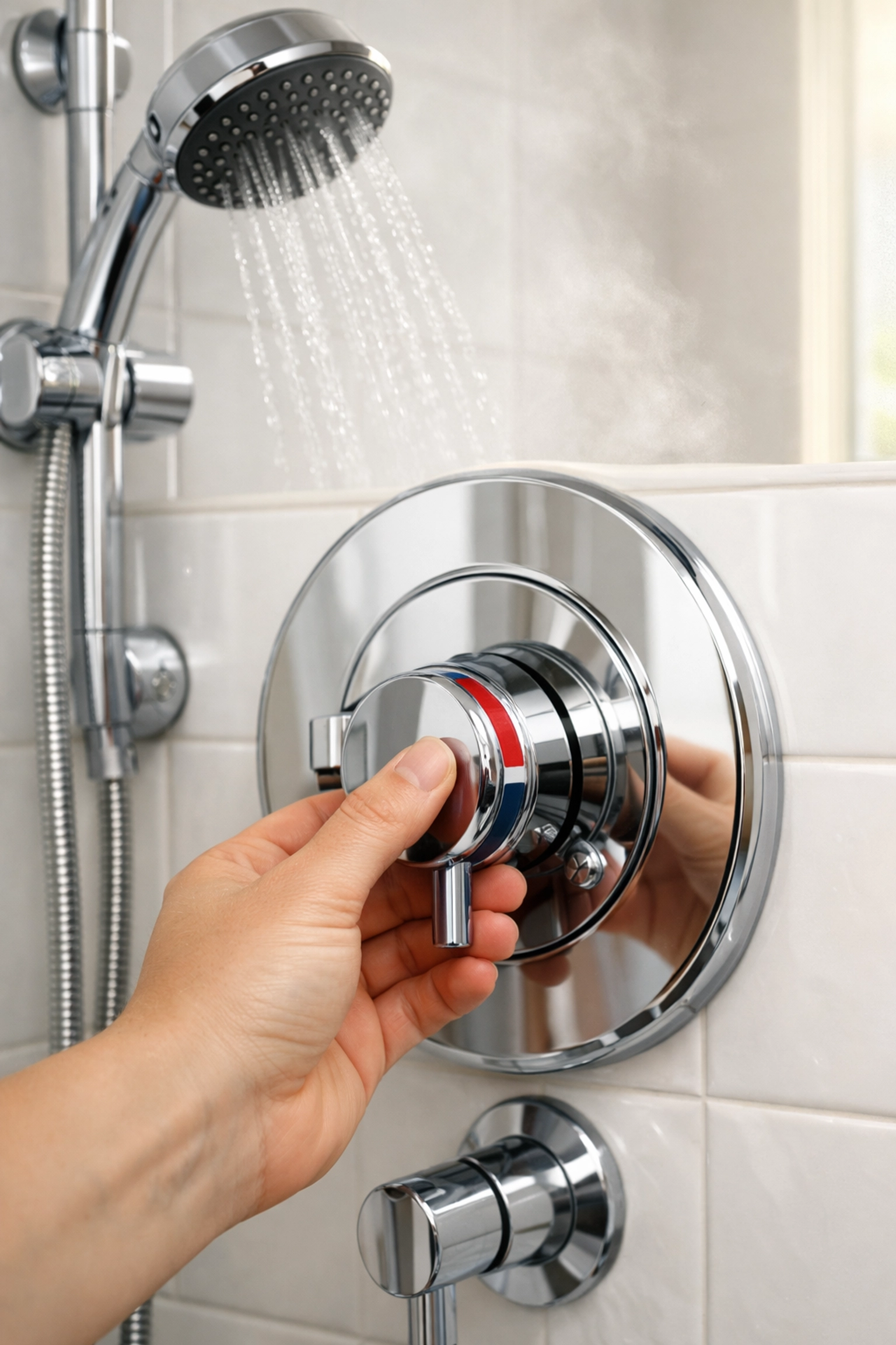 Hand adjusting shower temperature control to prevent bathroom scalding injuries