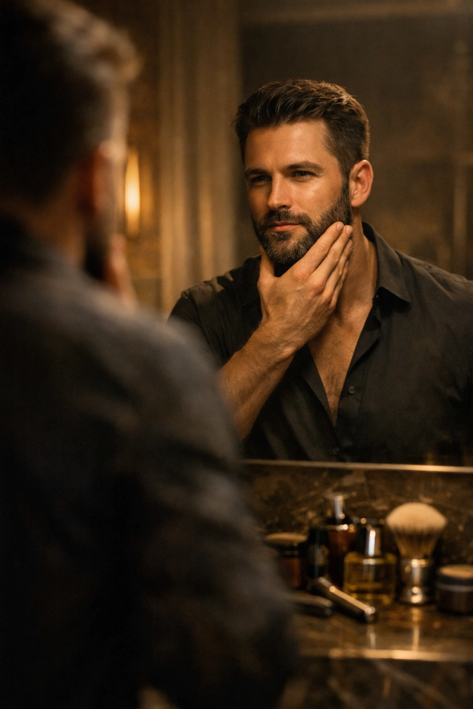 A man confidently finishing his grooming routine using quality beard wax for a perfectly shaped beard.