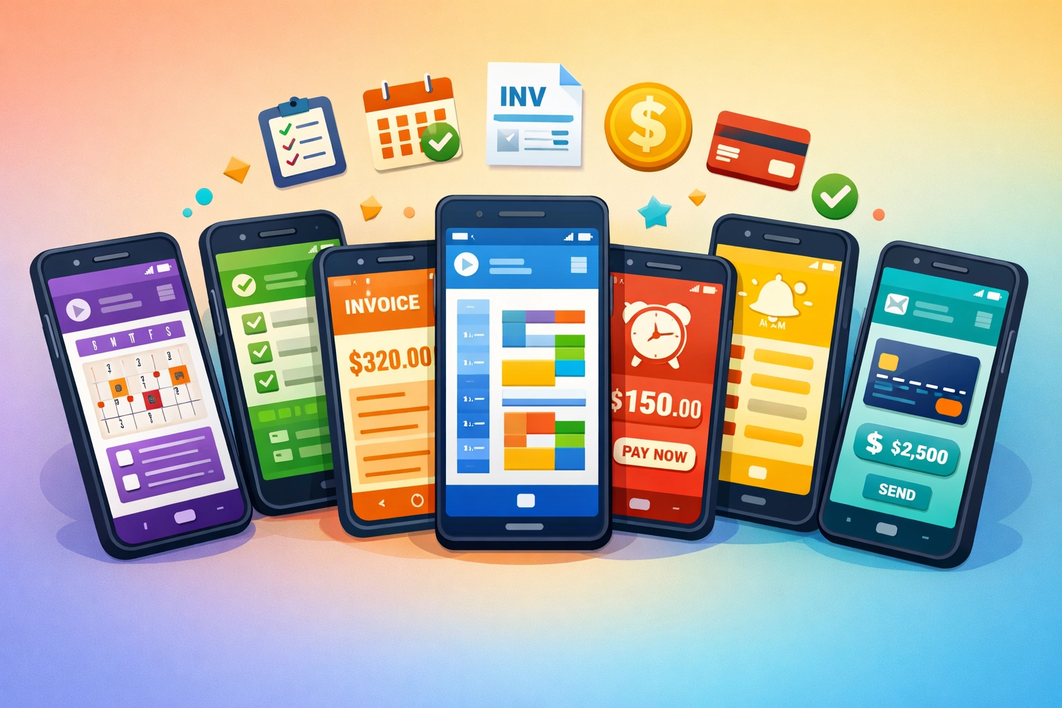 Seven field service apps displayed on mobile devices for cost comparison