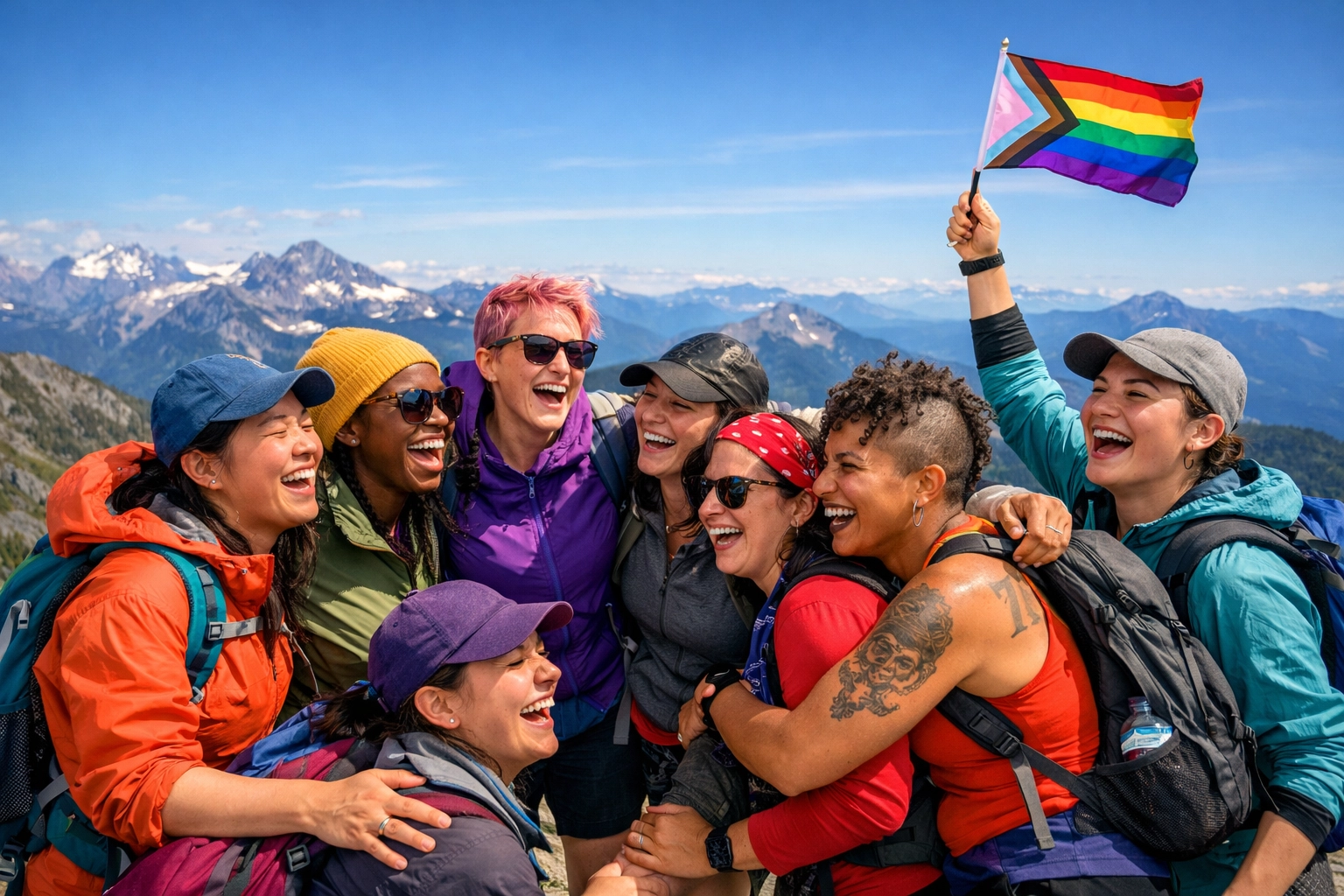 A group of queer women celebrating on a mountain peak with a pride flag, illustrating community building.