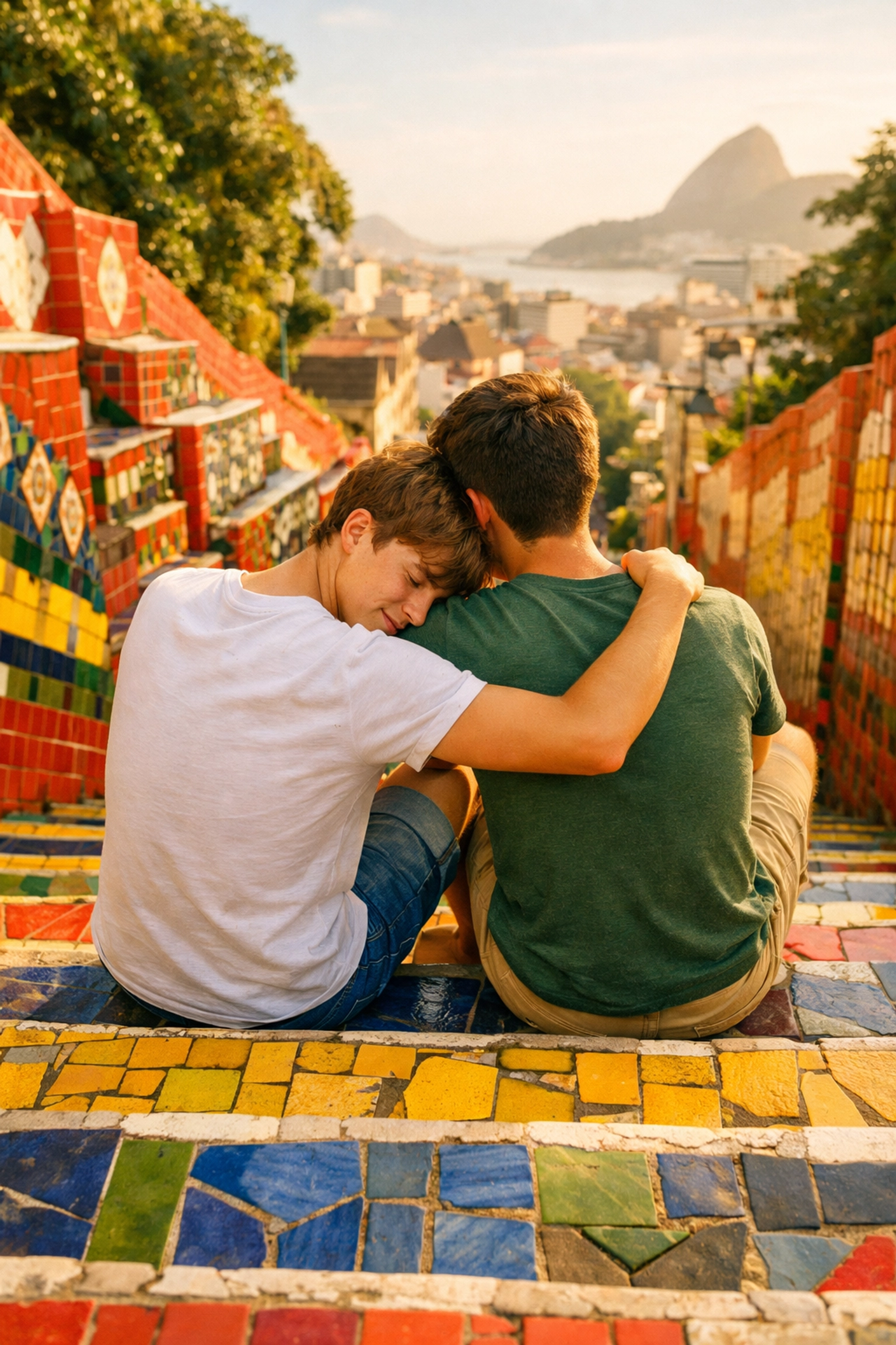 Young gay couple together on colorful Selaron Steps in Rio de Janeiro