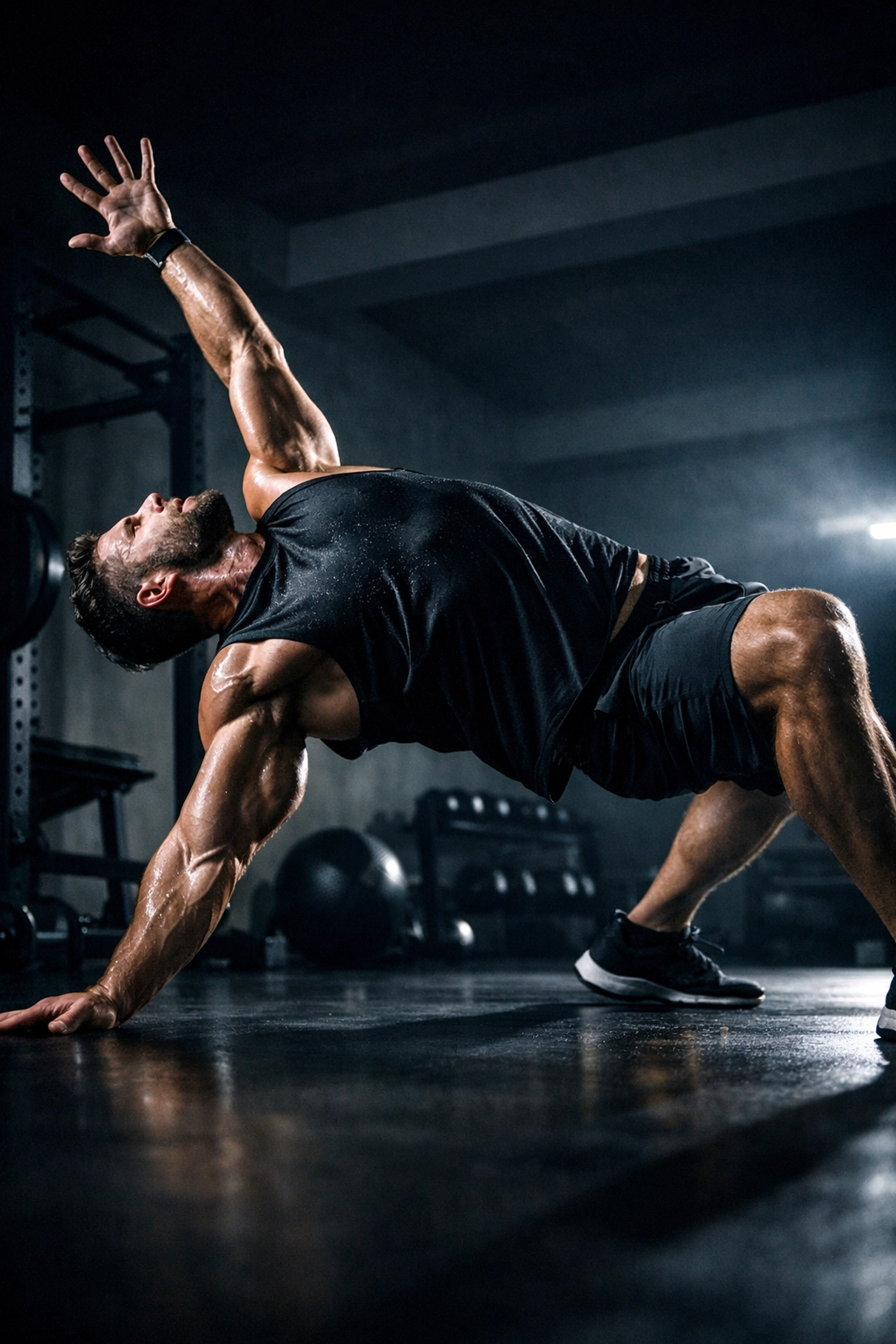 Athlete performing a thoracic bridge warm-up for a full body workout at home in a minimalist gym.