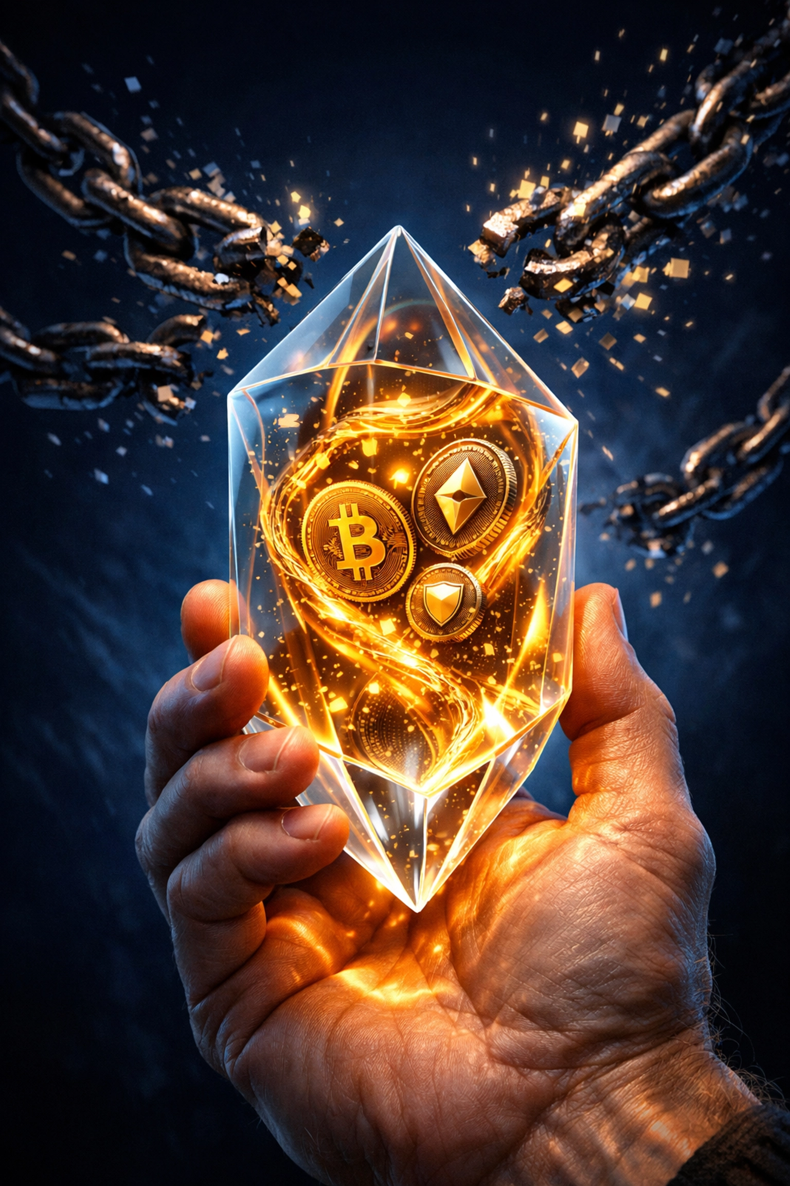 Hand holding a glowing digital wallet as chains break, symbolizing financial sovereignty and self-custody.