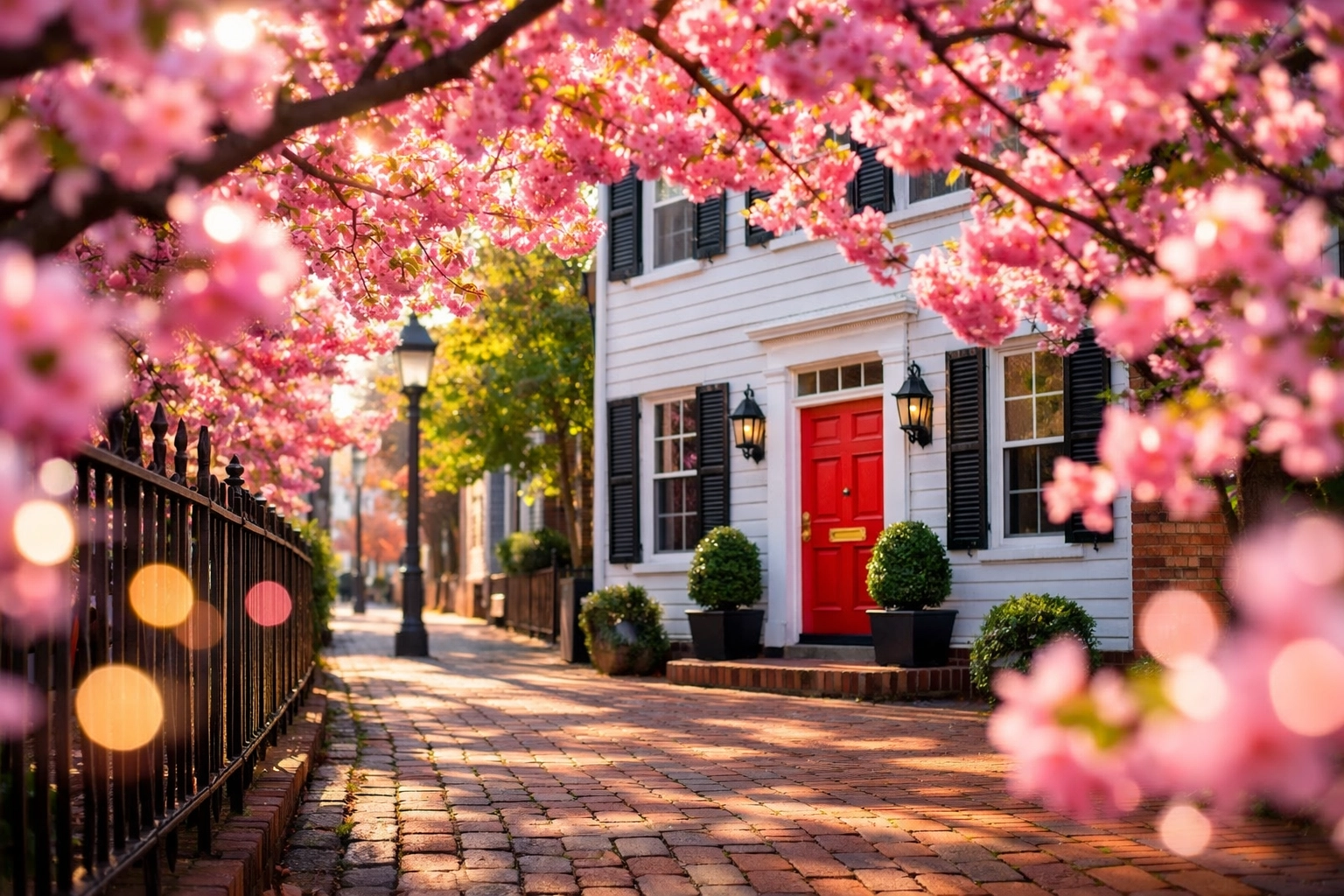 Iconic pink cherry blossoms framing a historic townhouse in Alexandria during spring in Northern Virginia.