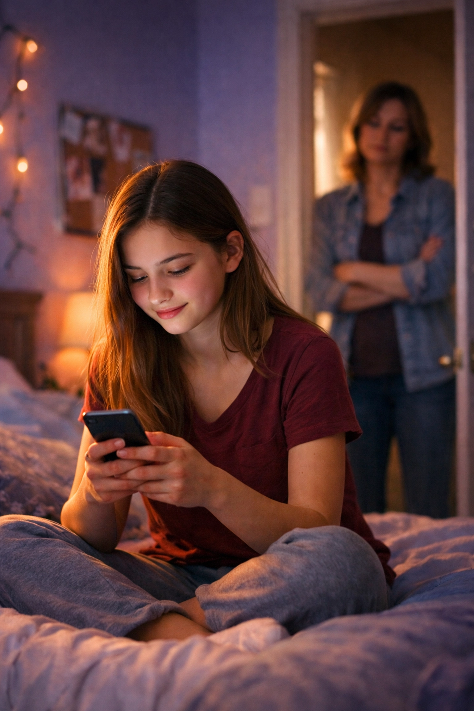 Teen girl on smartphone while concerned parent watches from doorway showing parent-teen trust gap