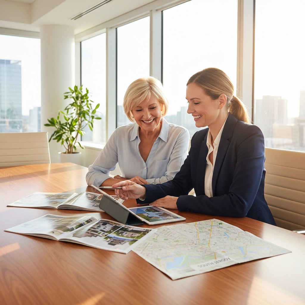 Real estate agent using a laptop with AI-powered forecasting tools to analyze market trends Real estate agent using a laptop with AI-powered forecasting tools to analyze market trends