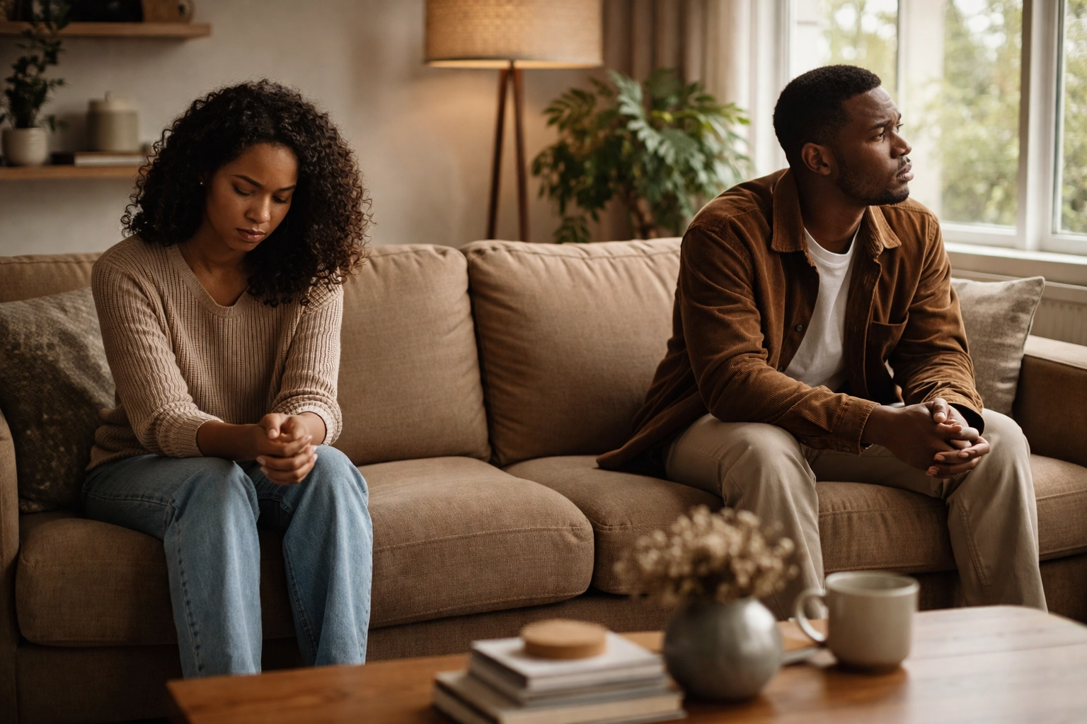 Black couple sitting apart on a sofa, their distance symbolizing emotional wounds in relationships