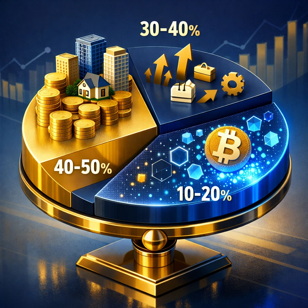 Portfolio allocation chart showing 40-50% real estate, 30-40% private equity, 10-20% crypto distribution