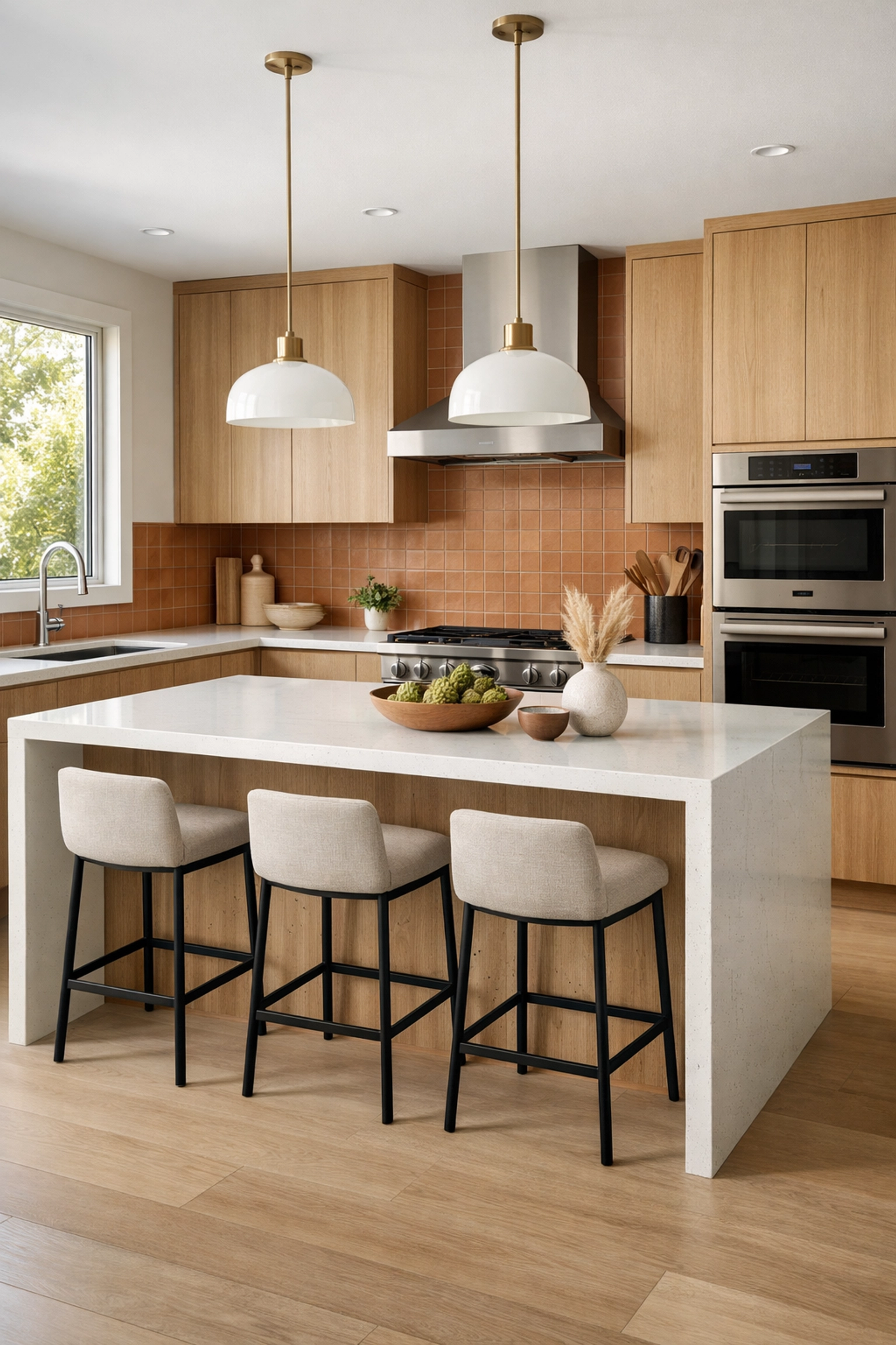 Modern kitchen remodeling Orlando featuring light oak cabinets and a luxury quartz waterfall island.