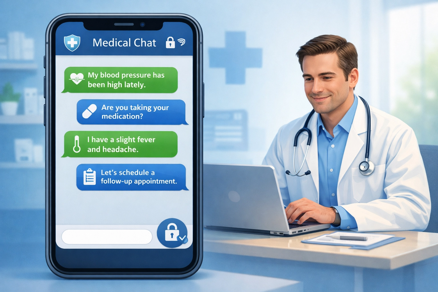 Doctor reviewing text-based online consultation on laptop with patient messaging on smartphone