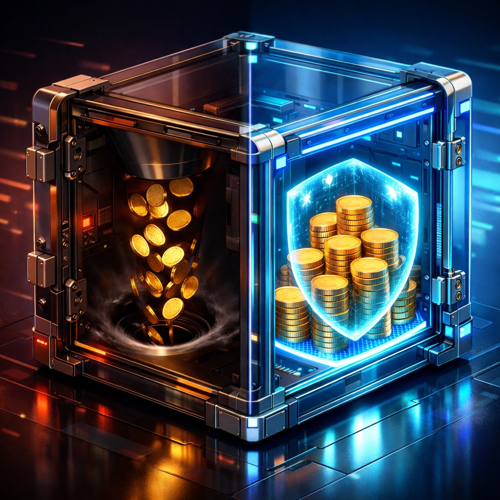 Digital vault illustrating the difference between high transaction fees and merchant profit savings with Larecoin.