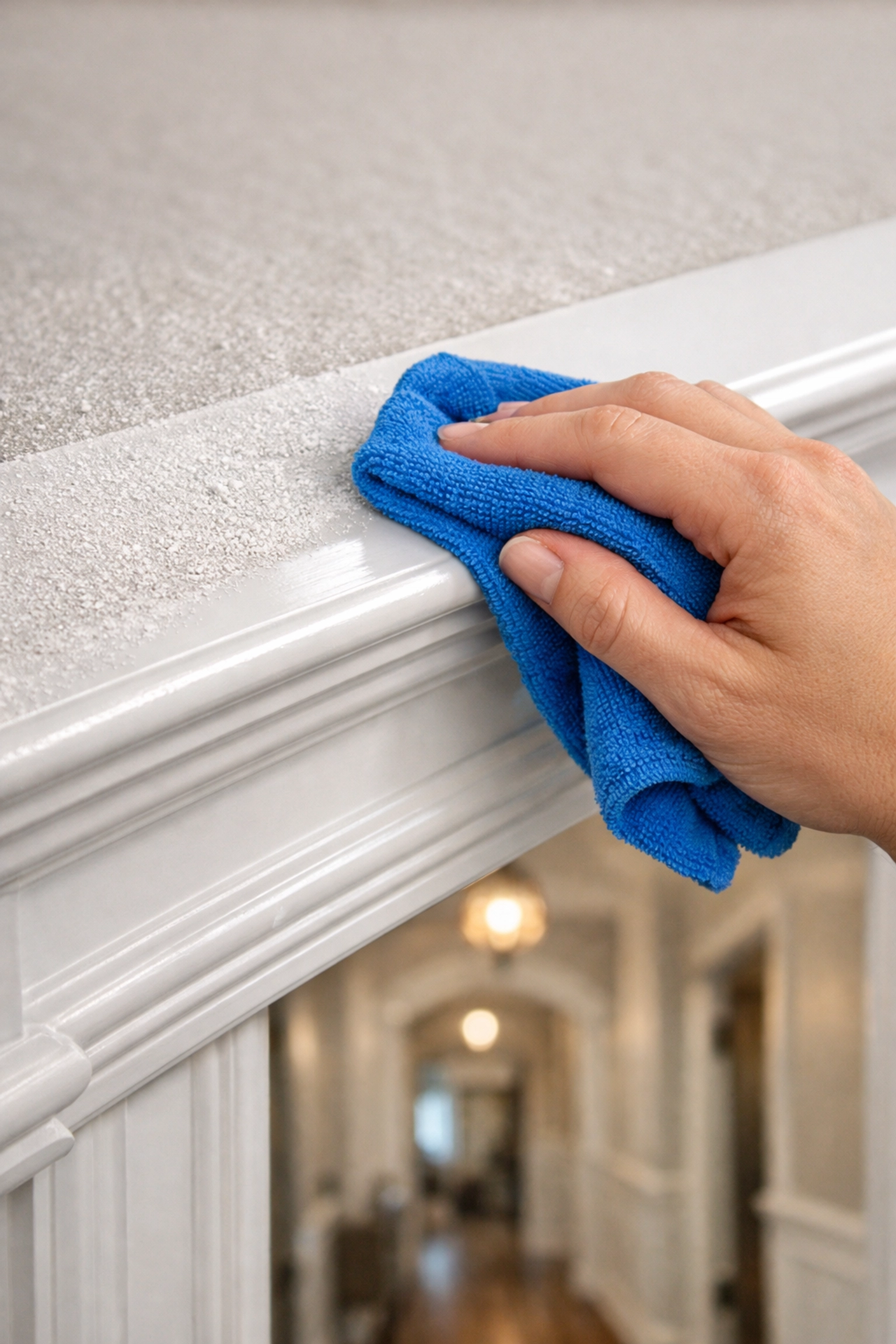 A blue microfiber cloth wiping away white construction dust from the top of a door frame.