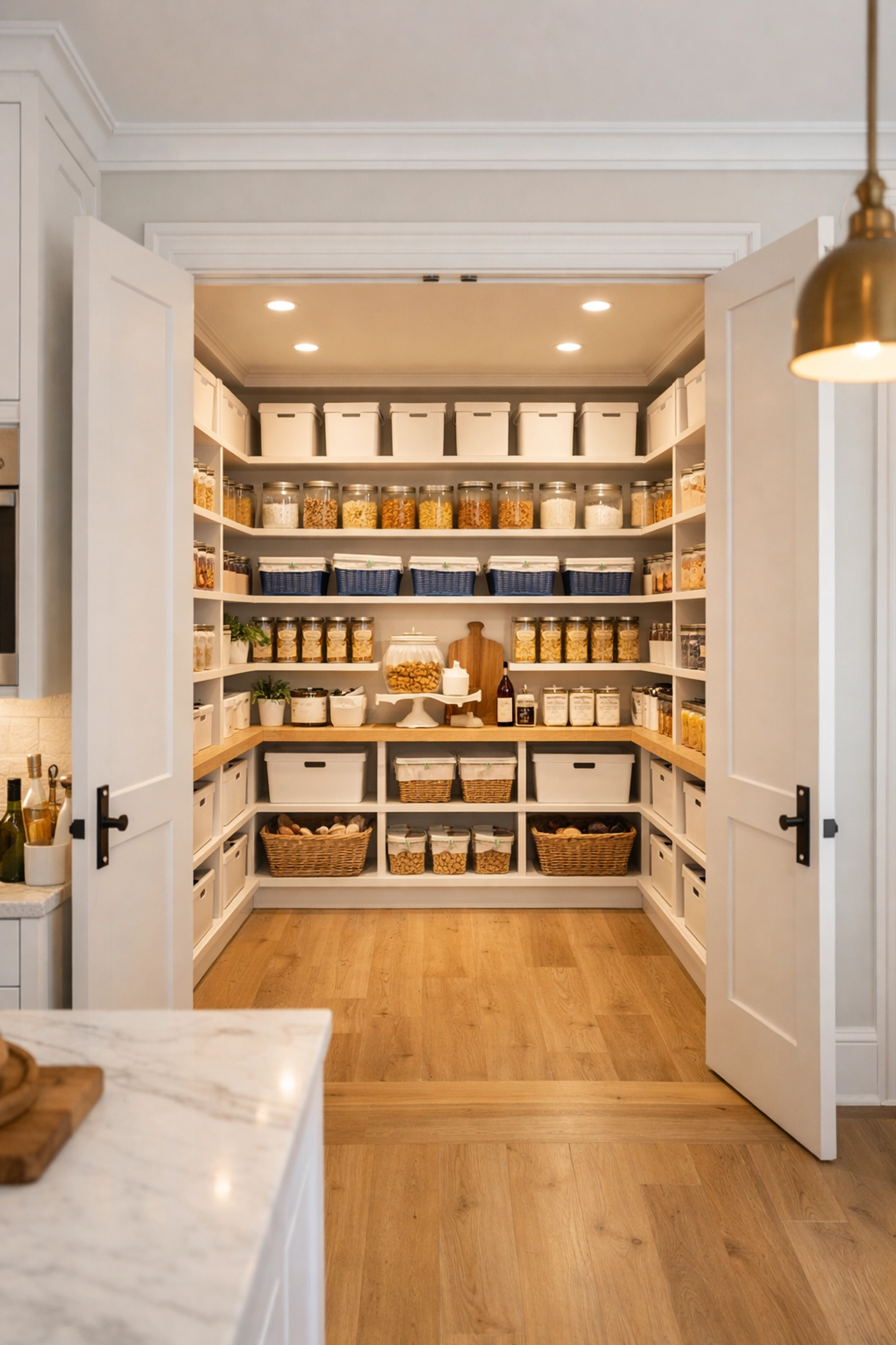 A professionally organized luxury walk-in pantry featuring tidy storage bins and clean shelves.