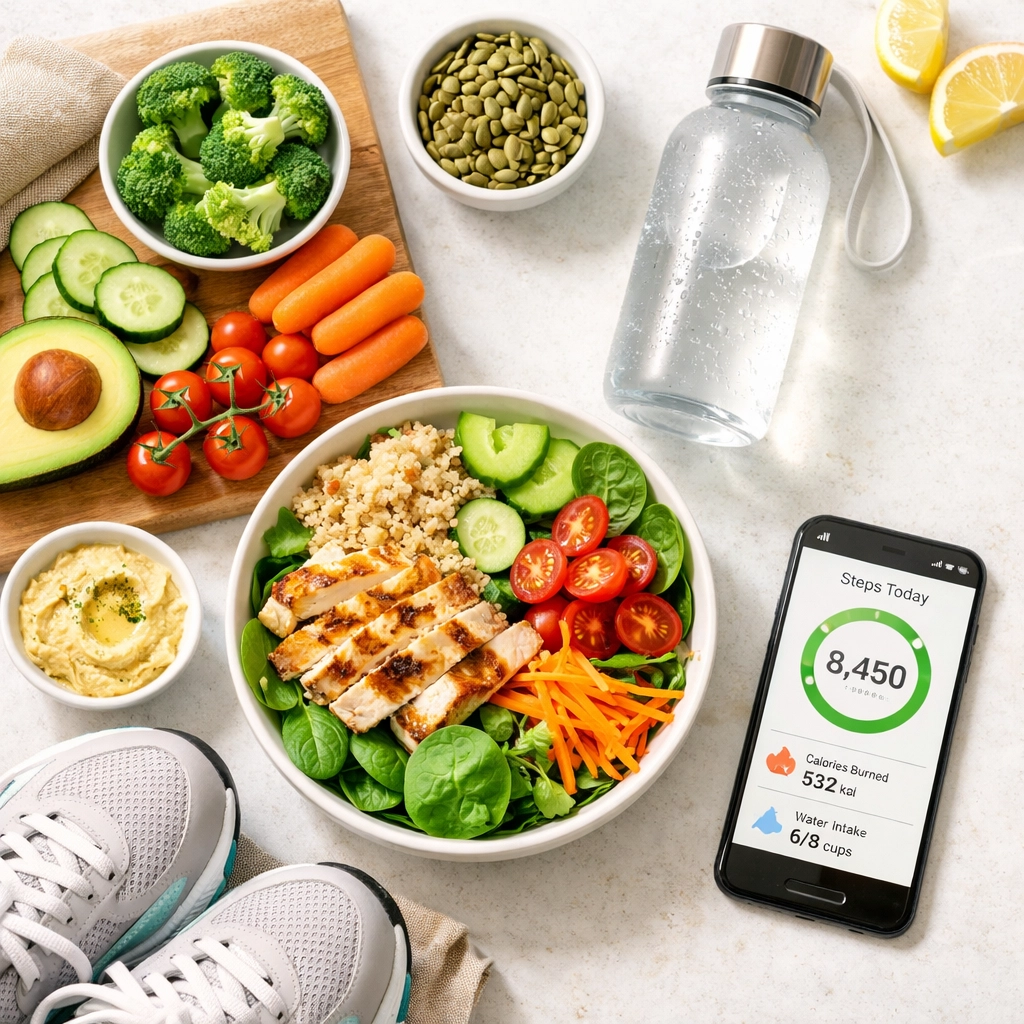 Healthy meal prep with fresh vegetables and fitness items for comprehensive weight management