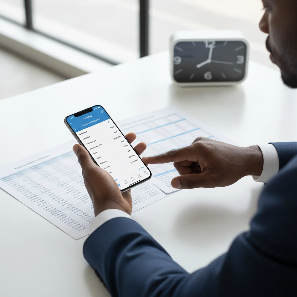 A person in business attire reviewing financial data on a smartphone while sitting at a desk with printed spreadsheets.