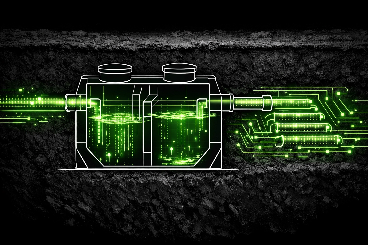 Underground septic system layout with glowing data streams representing SEO ranking power.