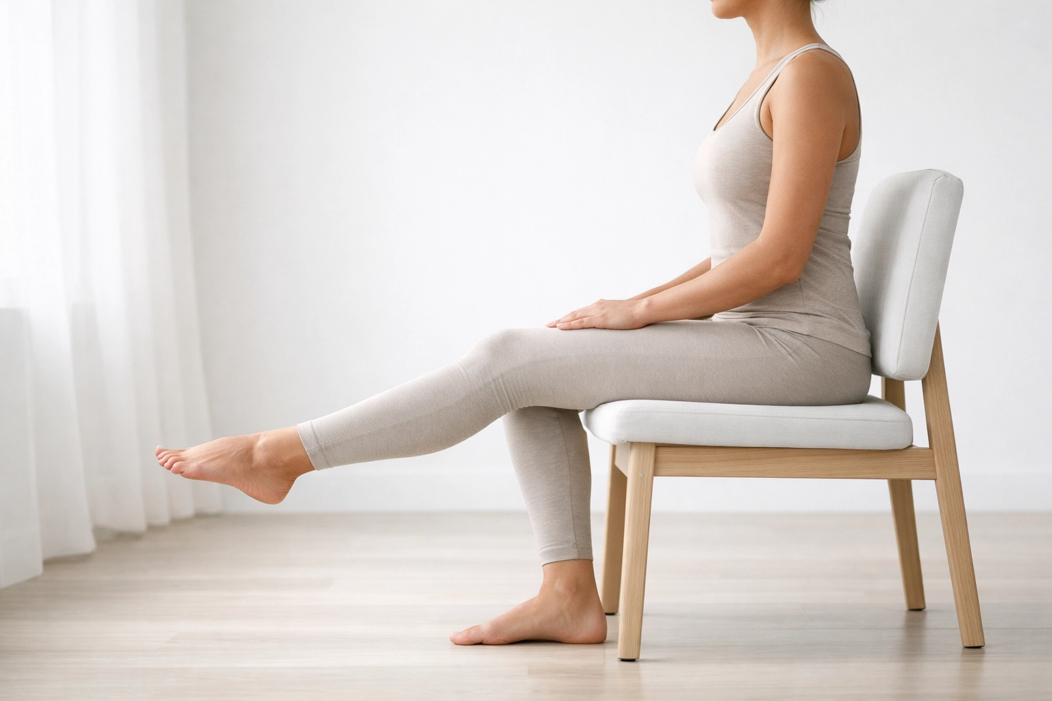 Person performing seated nerve glide exercise for sciatica relief