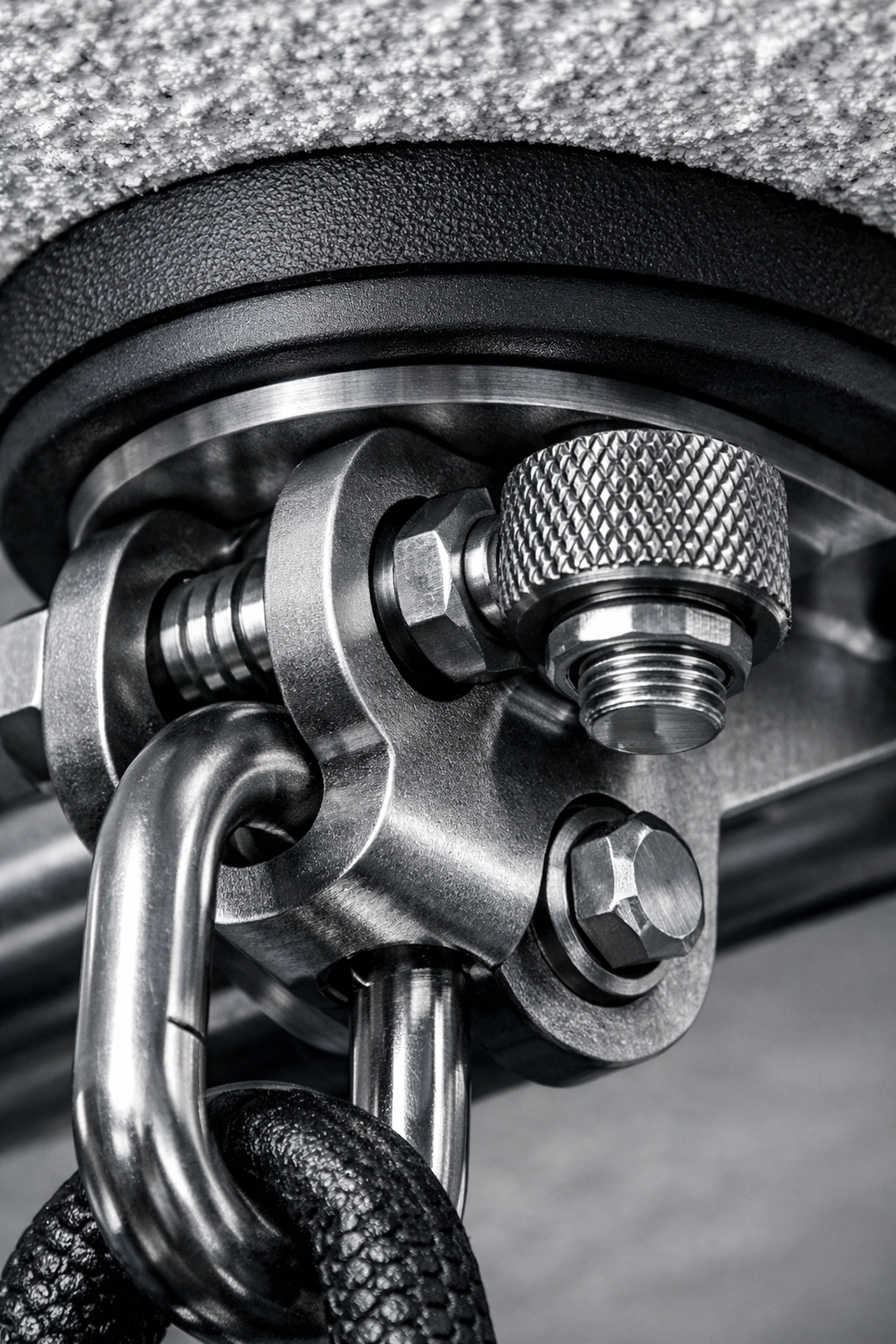 Heavy-duty steel anchor mechanism for a no wall damage workout system and home gym safety.