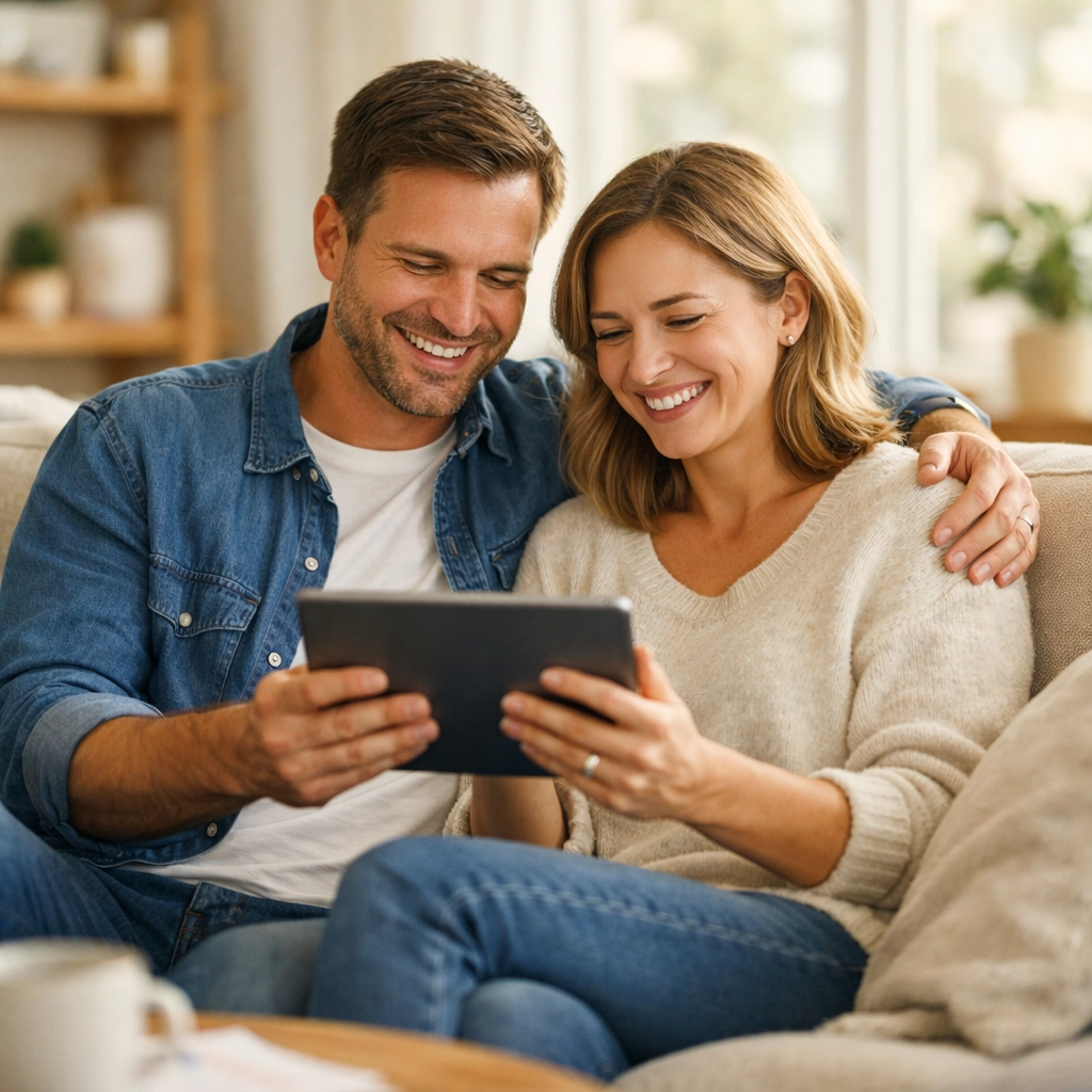 Relieved couple managing installment loans on a tablet to improve their debt-to-income ratio.