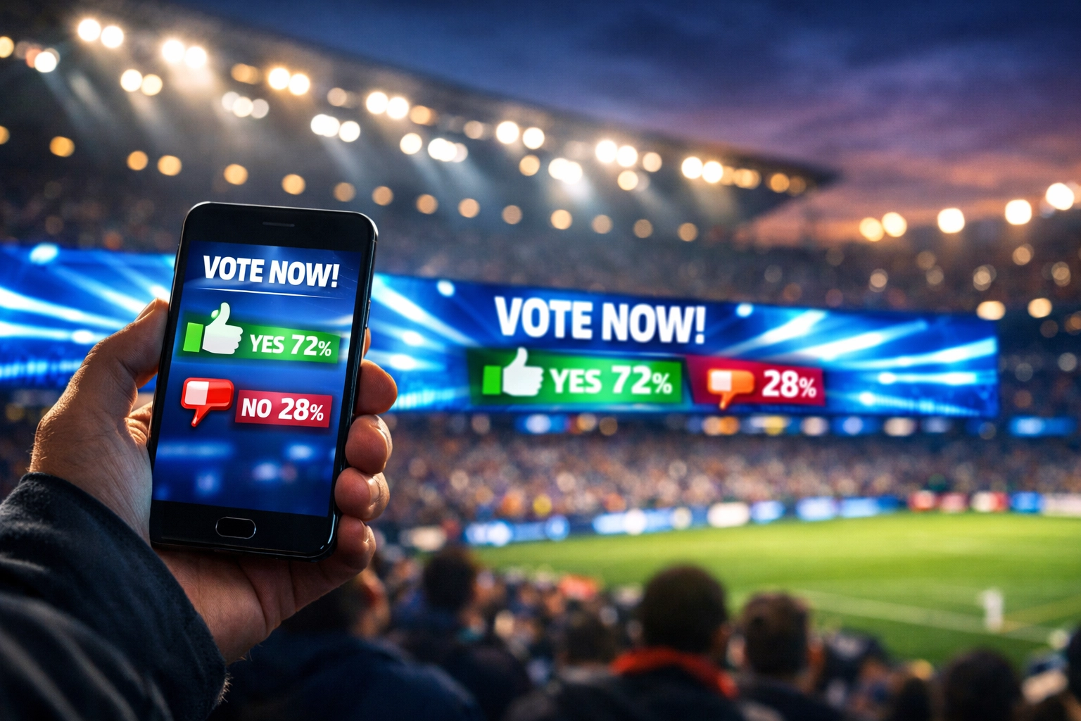 Fan using a smartphone to interact with real-time voting on stadium digital perimeter advertising boards.