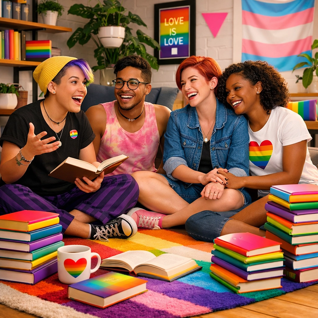 Diverse LGBTQ+ friends gathering to discuss a gay romance series, highlighting community and intentional reading.