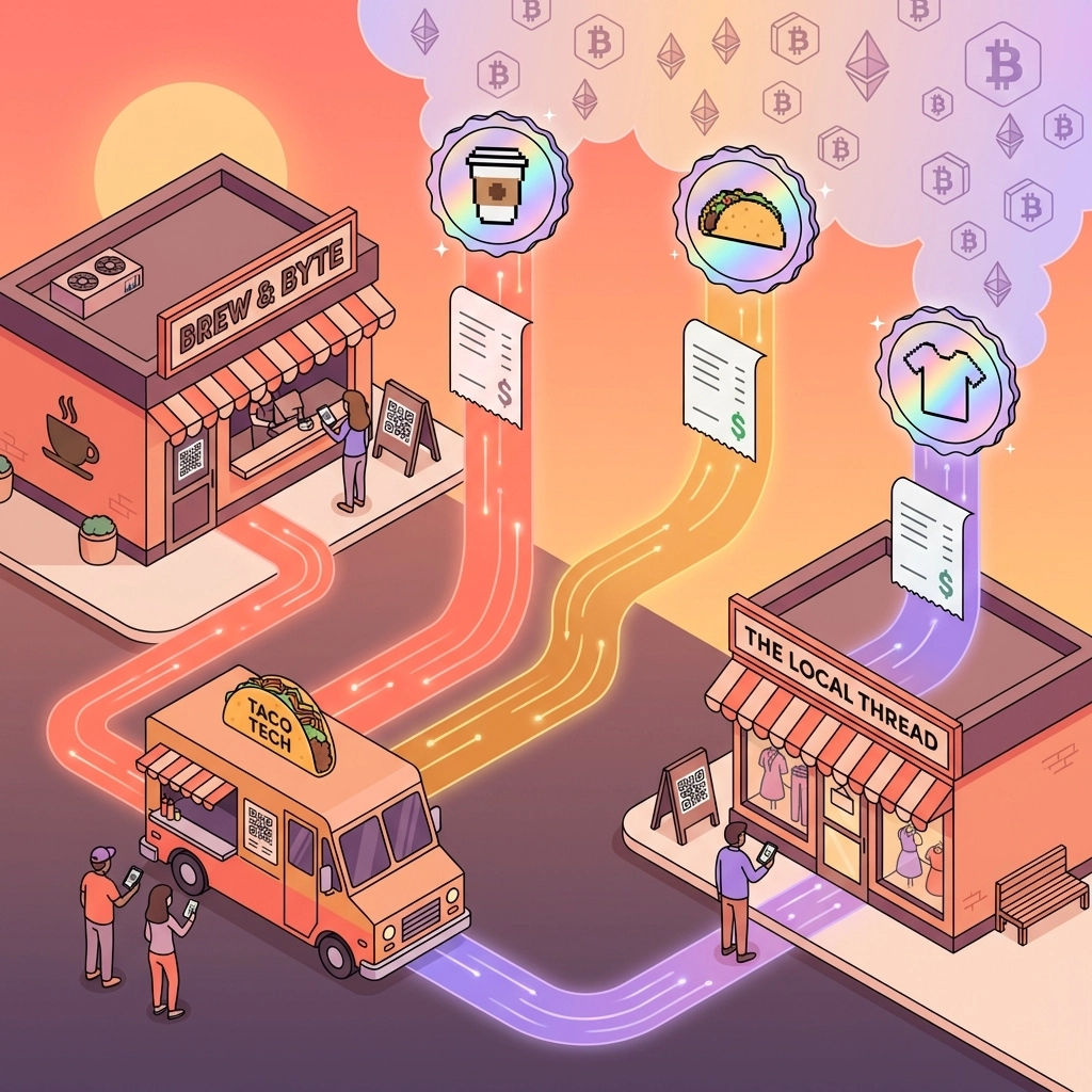 Multiple small businesses accepting crypto payments with QR codes and NFT receipts, showcasing digital commerce innovation