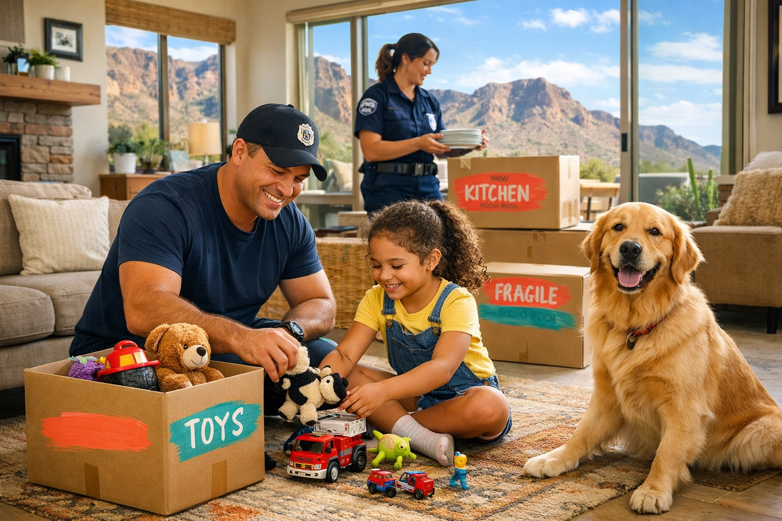 First responder family unpacking boxes in new Phoenix Arizona home after relocation