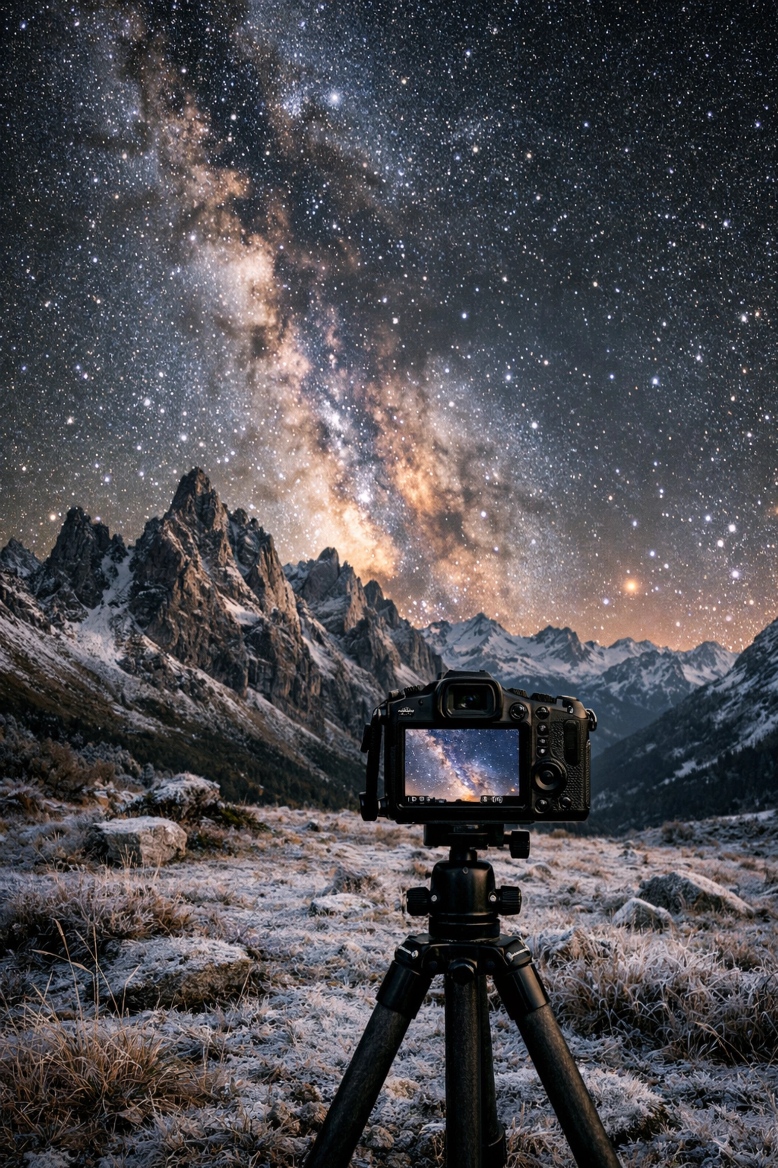 Night photography with AI-integrated mirrorless cameras showing clear low-light results on the LCD screen.