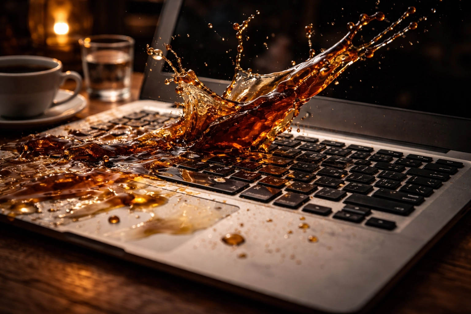 Coffee splashing over laptop keyboard during work session, showing real risks for Bed-Stuy freelancers