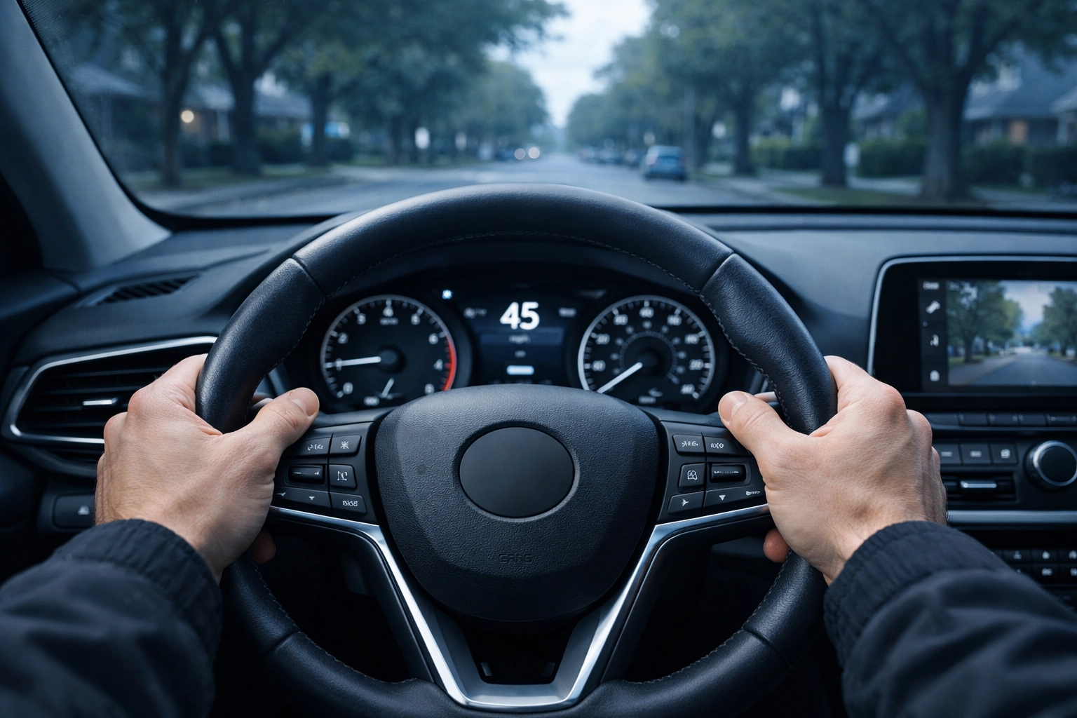Calm hands on steering wheel representing emotional control during custody disputes