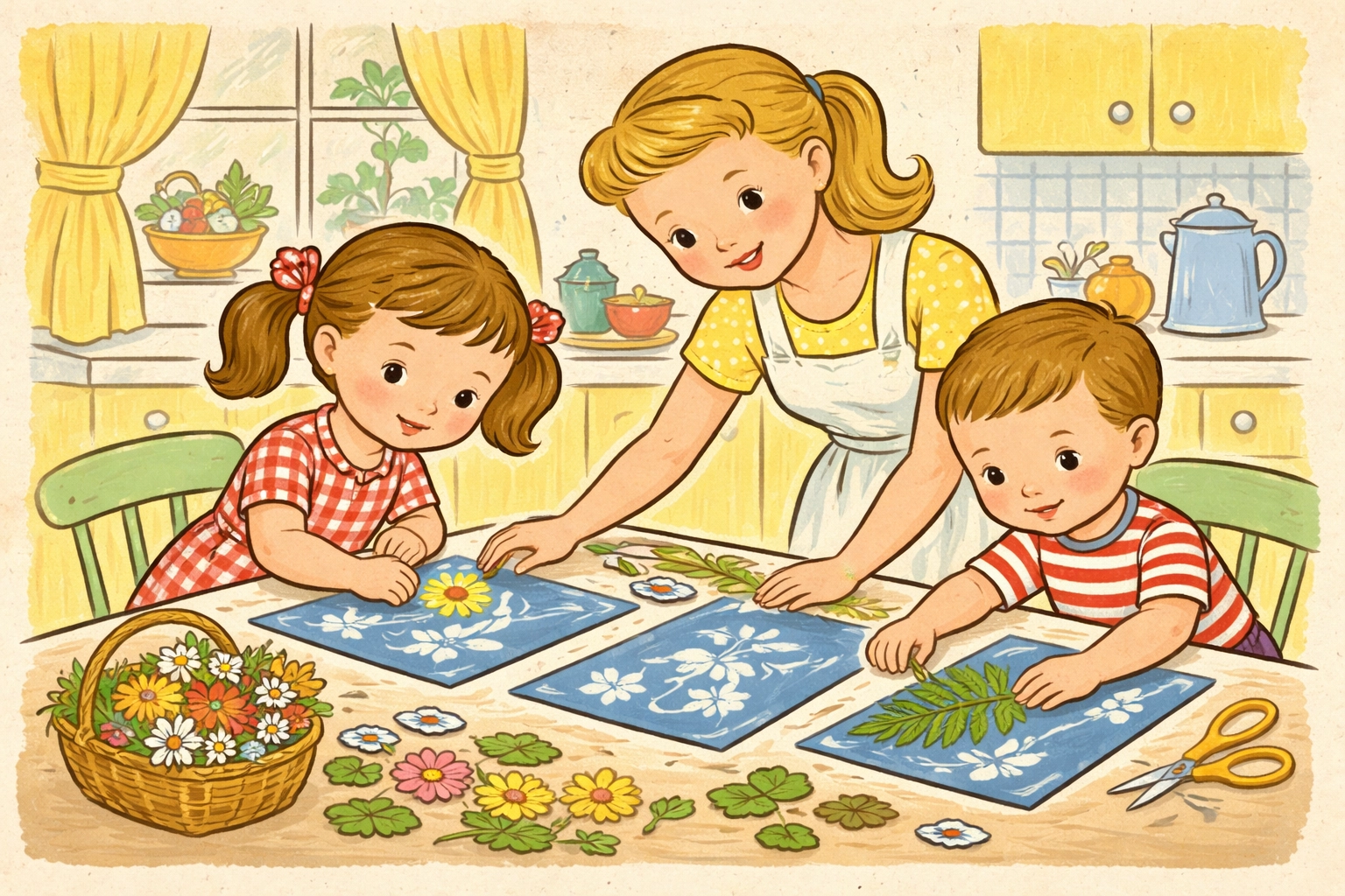 Children arranging pressed leaves and flowers on blue sun print paper at a cozy kitchen table for a creative nature art project
